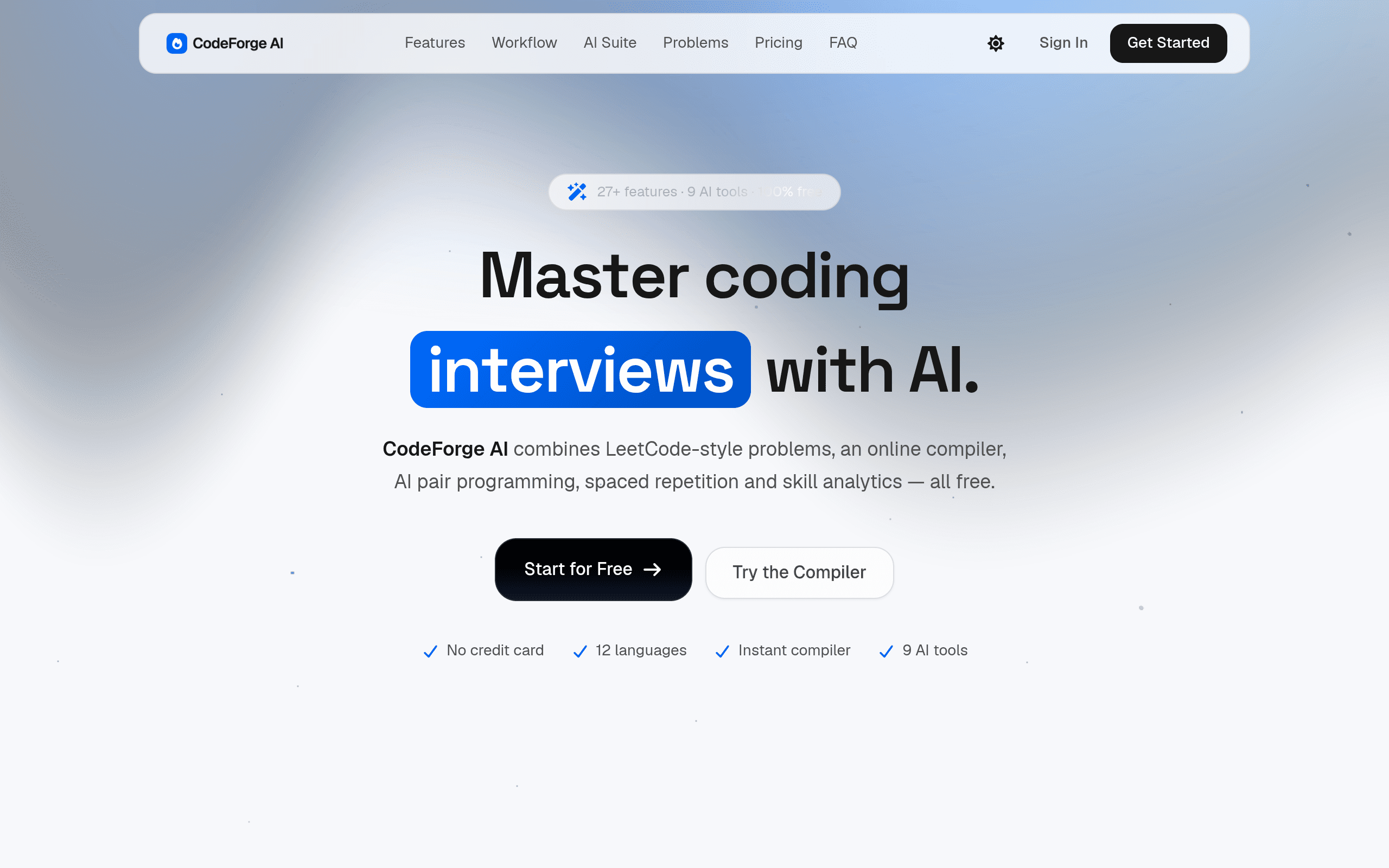 CodeForge AI landing page — master coding interviews with AI