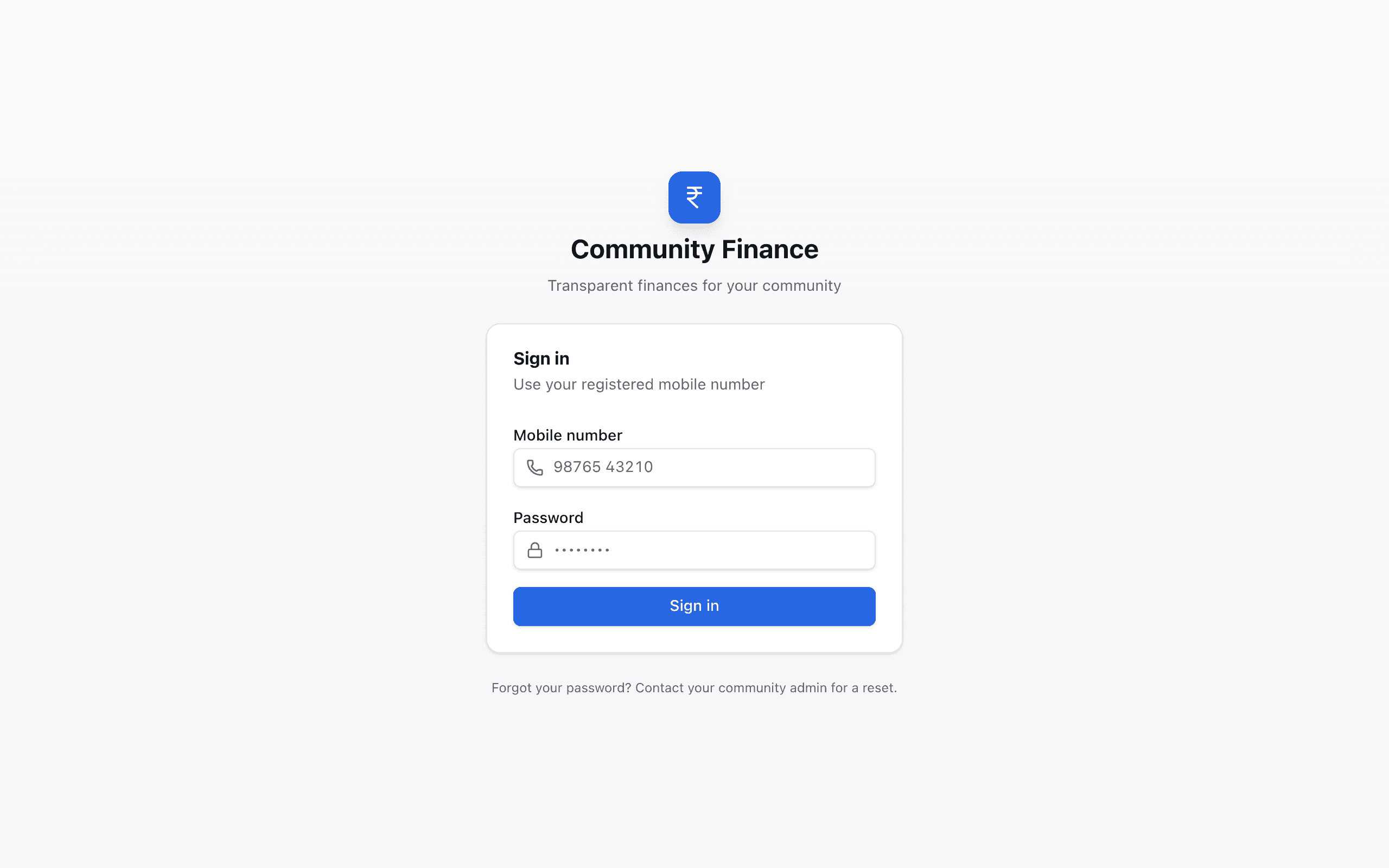 Community Finance sign-in screen