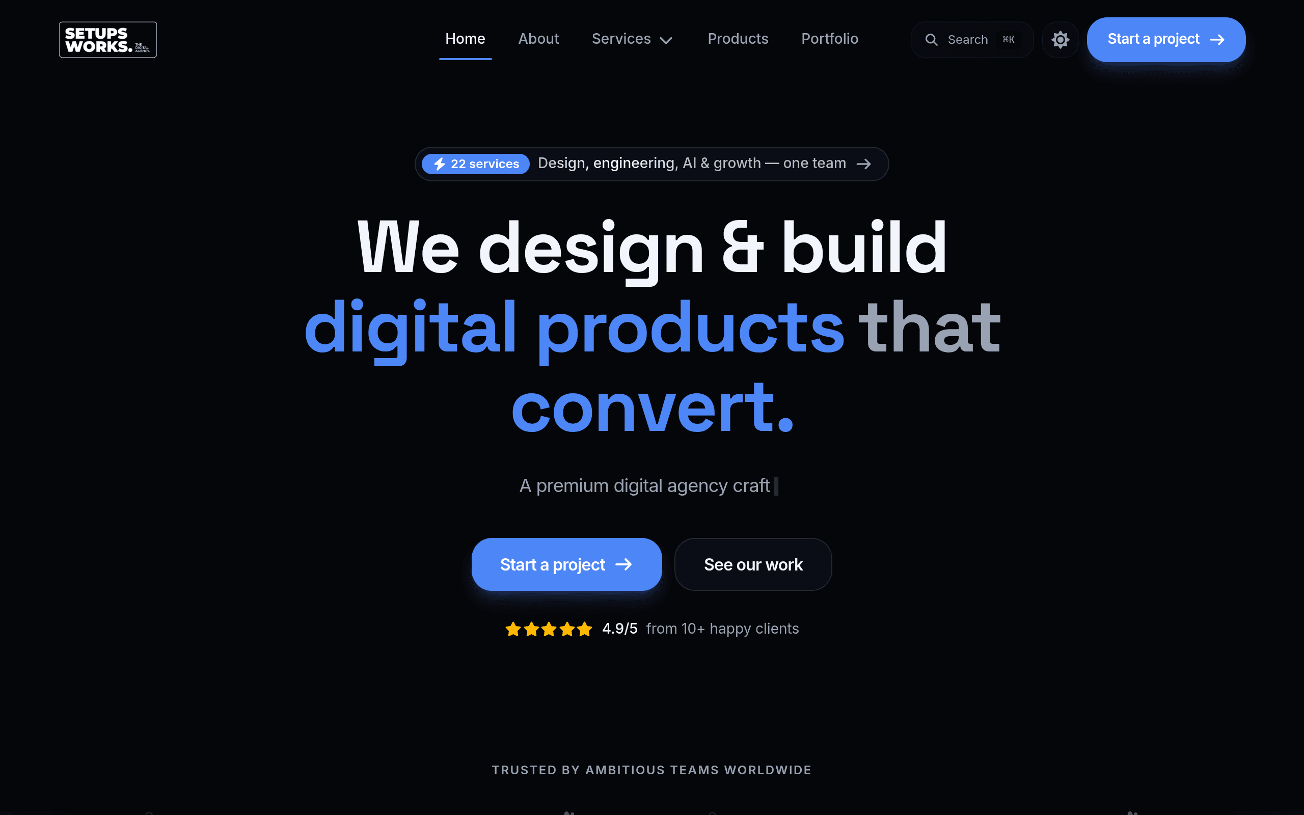 Setups Works homepage — we design & build digital products that convert