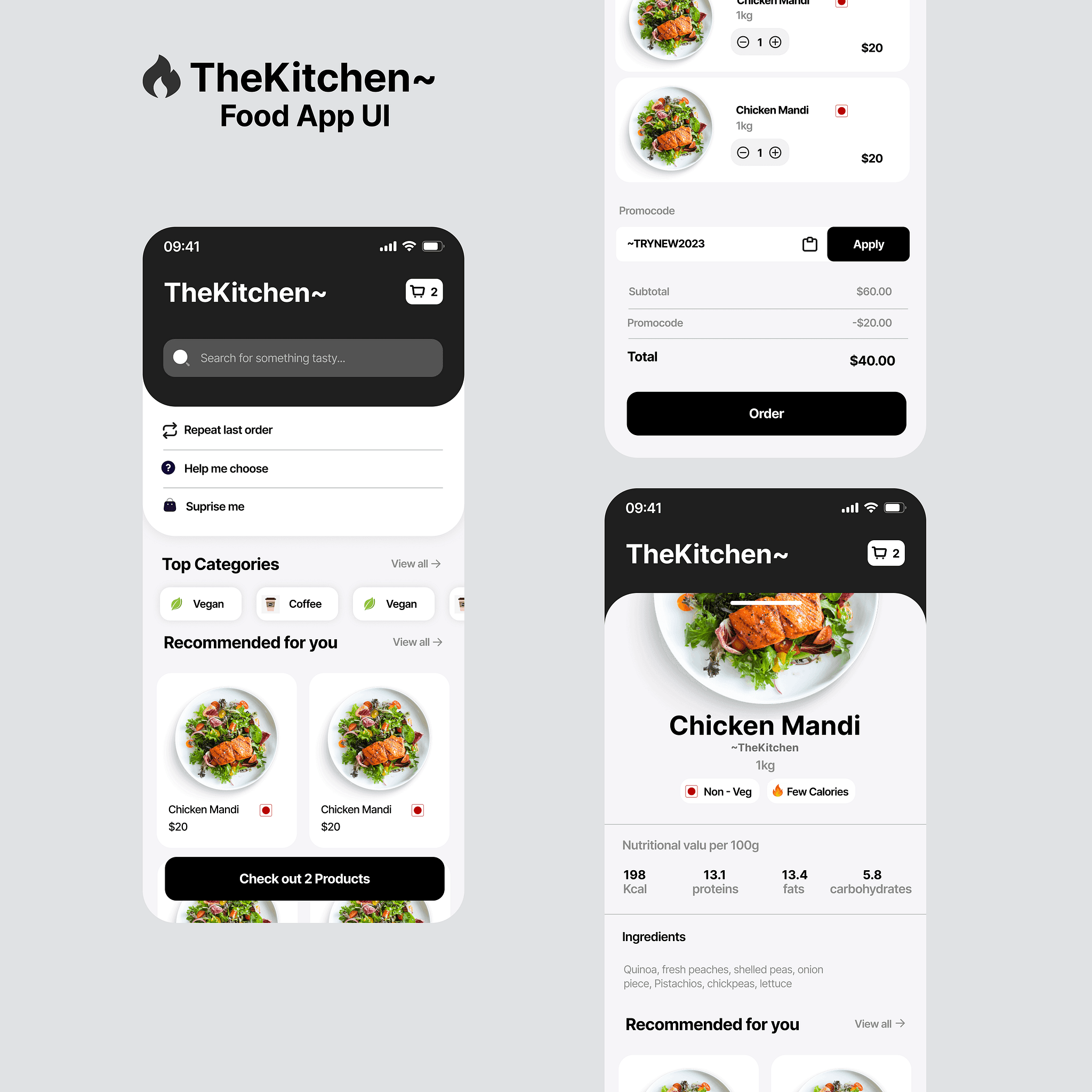 The Kitchen food app UI — home, product detail, and checkout screens