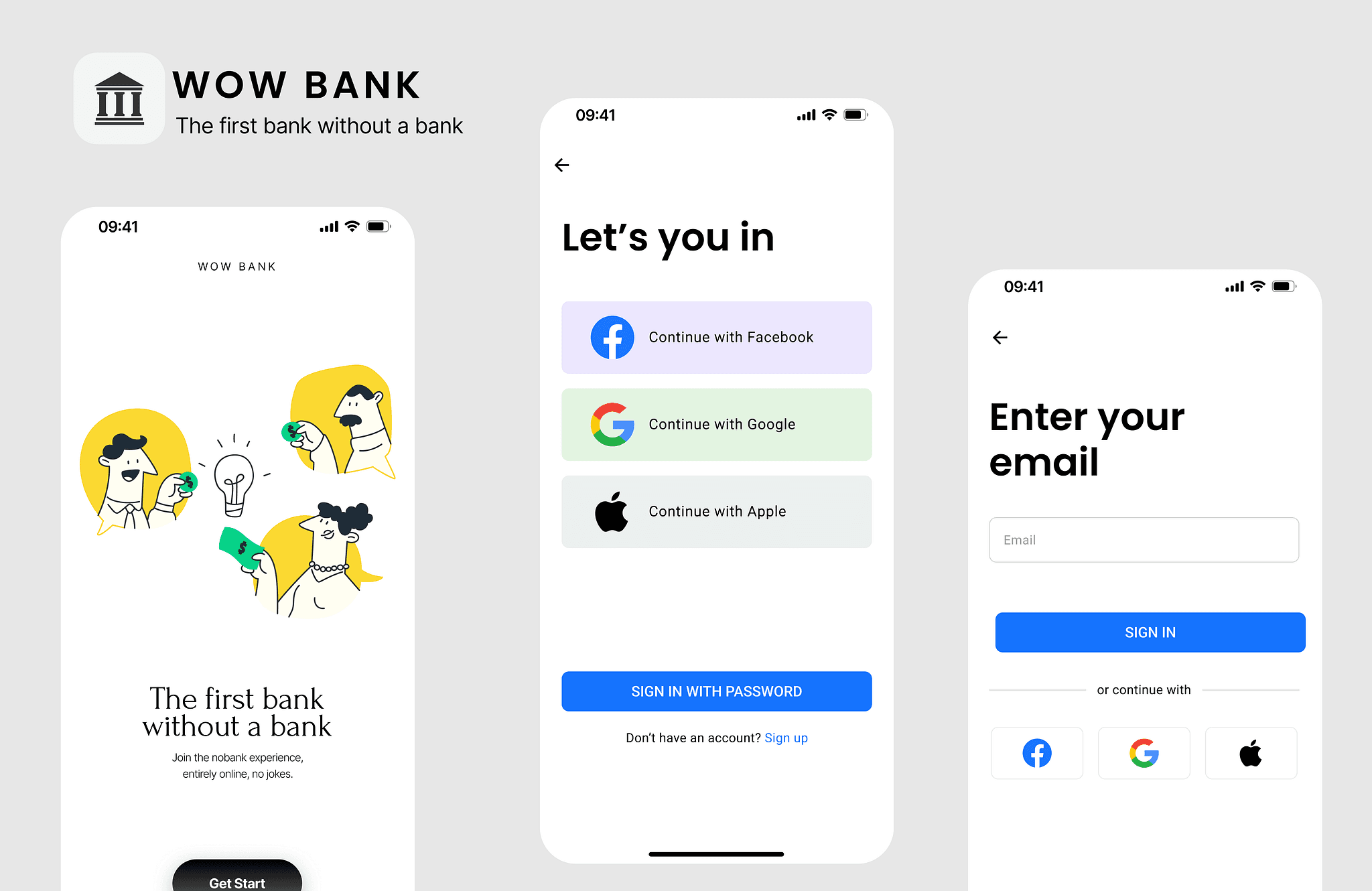 WOW Bank app UI — onboarding, sign-in, and email entry screens