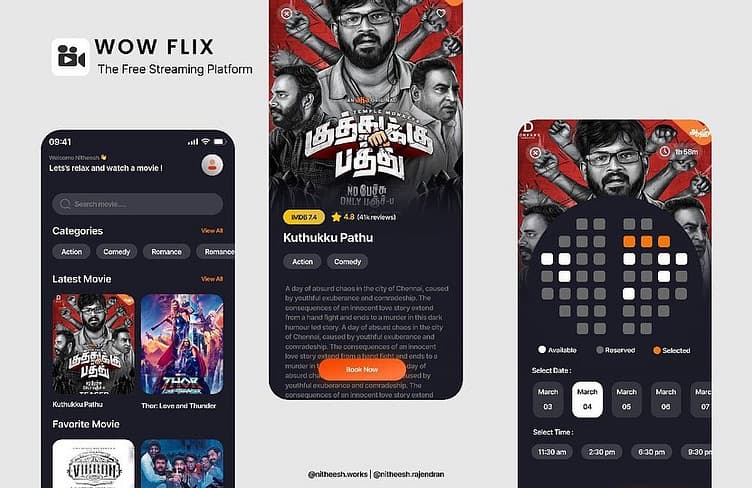 WOW Flix streaming app UI — home, movie detail, and seat booking screens
